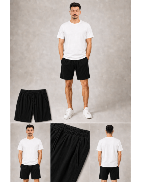 Ultra Yumuşak Tencel Kumaş Beli Bağcıklı Siyah Erkek Şort