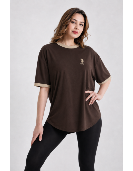 USPA Kontrast Detaylı Oversize T-Shirt - Kahverengi & Bej